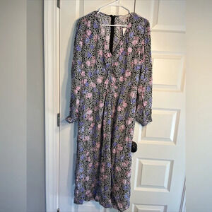 LOFT Black Long-Sleeve Midi Dress with Pink and Blue Floral Print